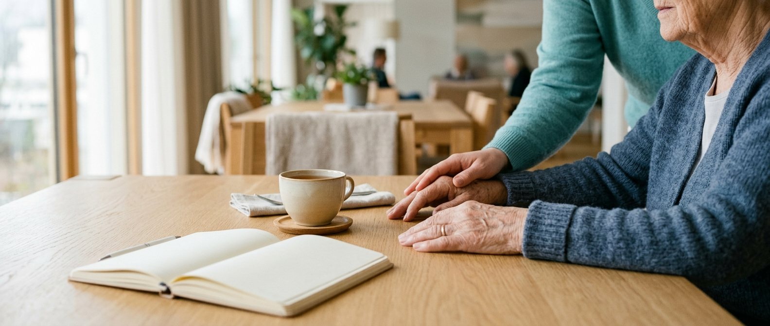 Eine Pflegende legt ihre Hand auf die Hände einer älteren Bewohnerin am Esstisch, daneben eine Tasse Tee und ein offenes Notizbuch