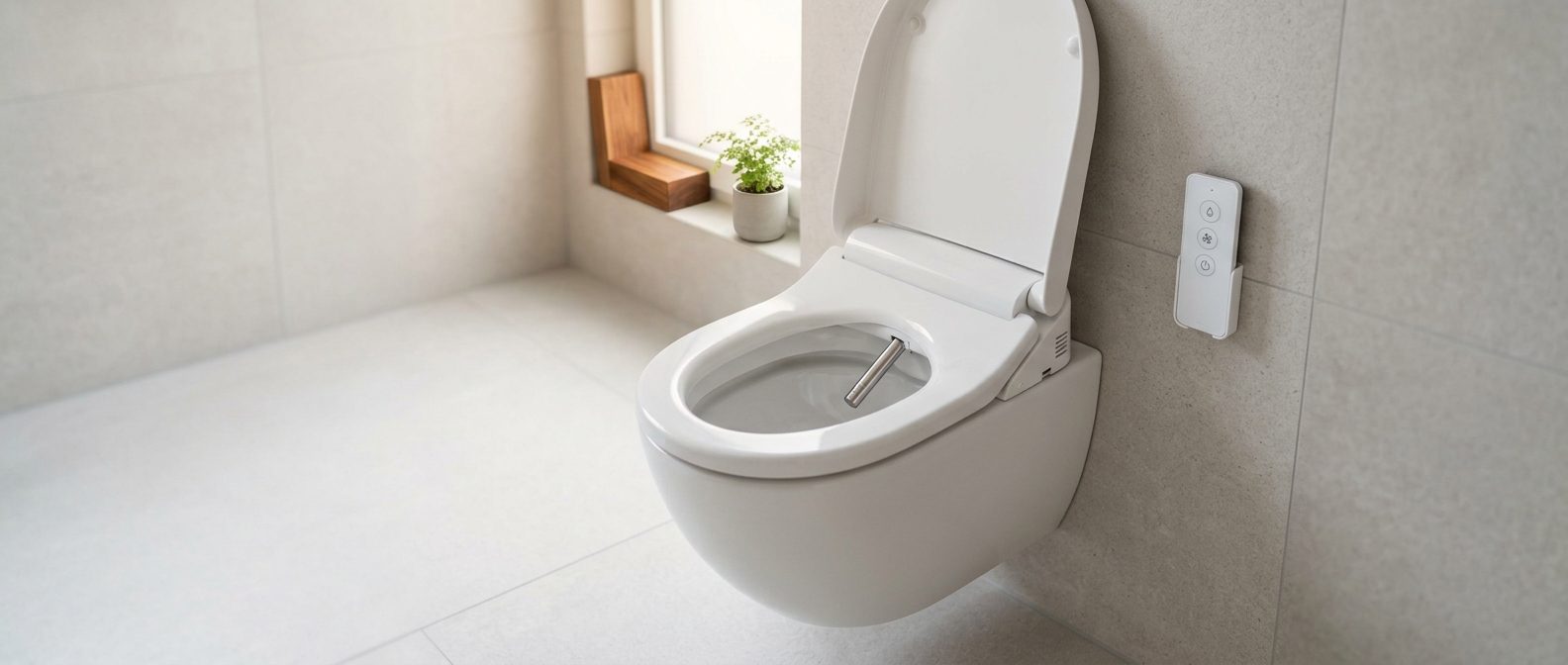 Helles Badezimmer mit Dusch-WC, geöffnetem Deckel, ausgefahrener Düse und Fernbedienung an der Wand